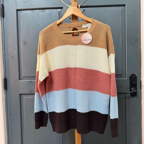 NWT Full Circle Trends (L) striped knit sweater with open back bow ties multi - Picture 1 of 4